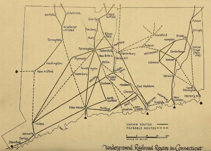 Map of Underground Railroad routes in Connecticut