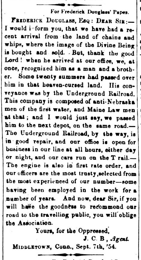 Letter from Jehiel Beman to Frederick Douglass's Paper, 1854